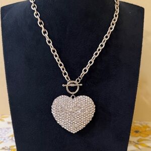 Silver Rhinestone Statement Heart Pendant Women’s Necklace 18”